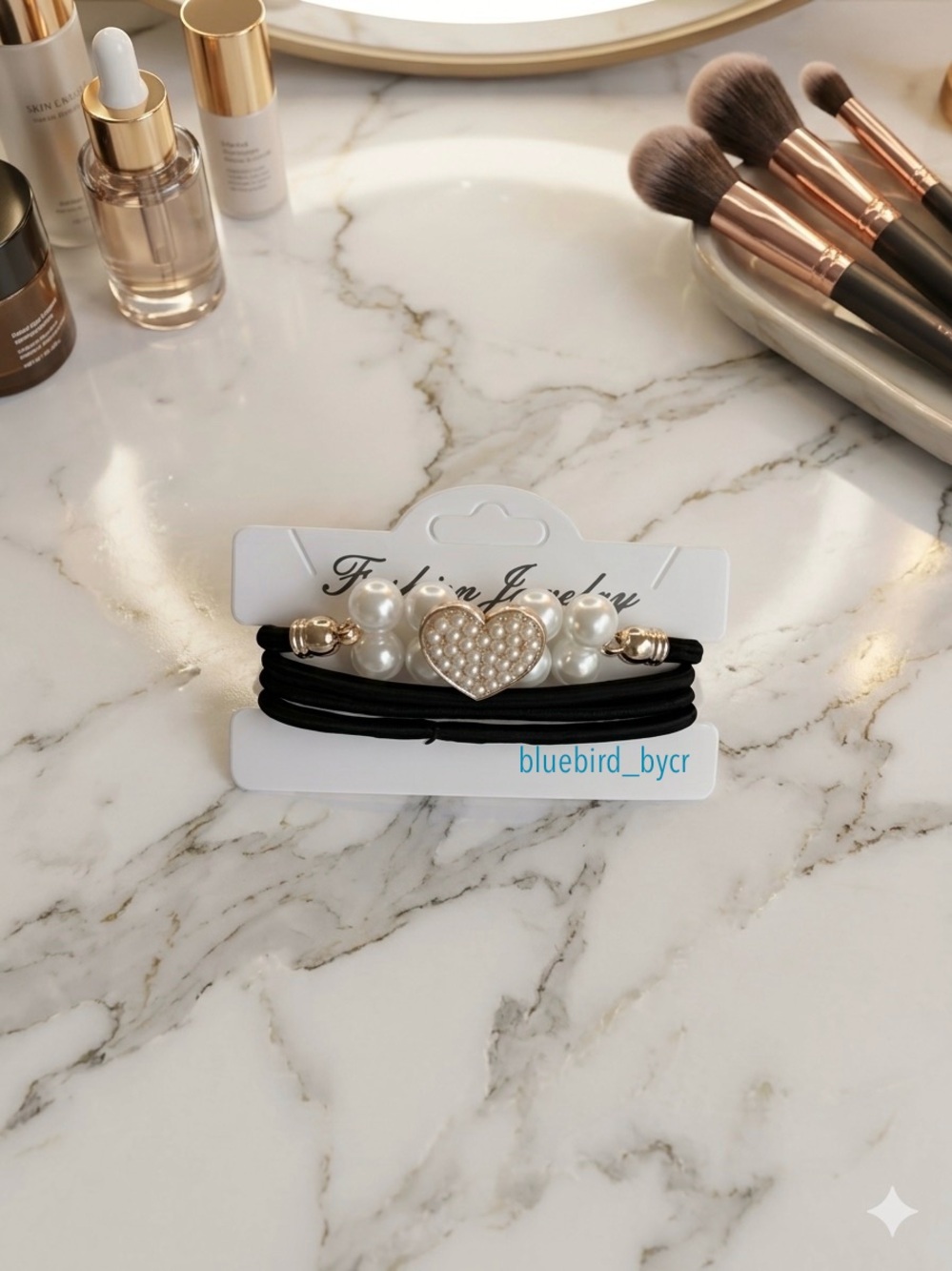 Pearl Heart Accent Black Hair Tie Set